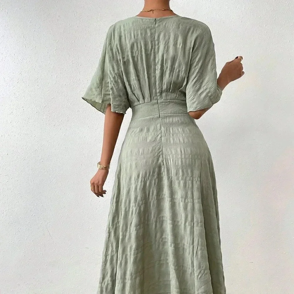 Mint Green Casual Women's Solid Batwing Sleeve A-line Dress - Picture 3 of 5